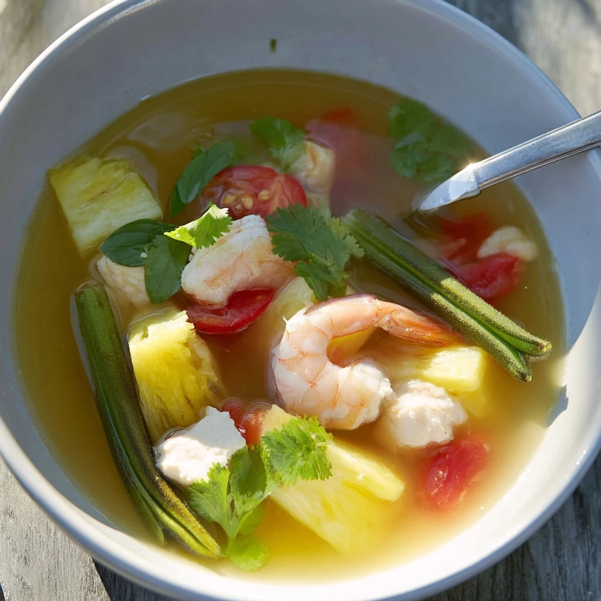 Steaming Canh Chua soup shows pineapple chunks and white fish in a vibrant broth.  