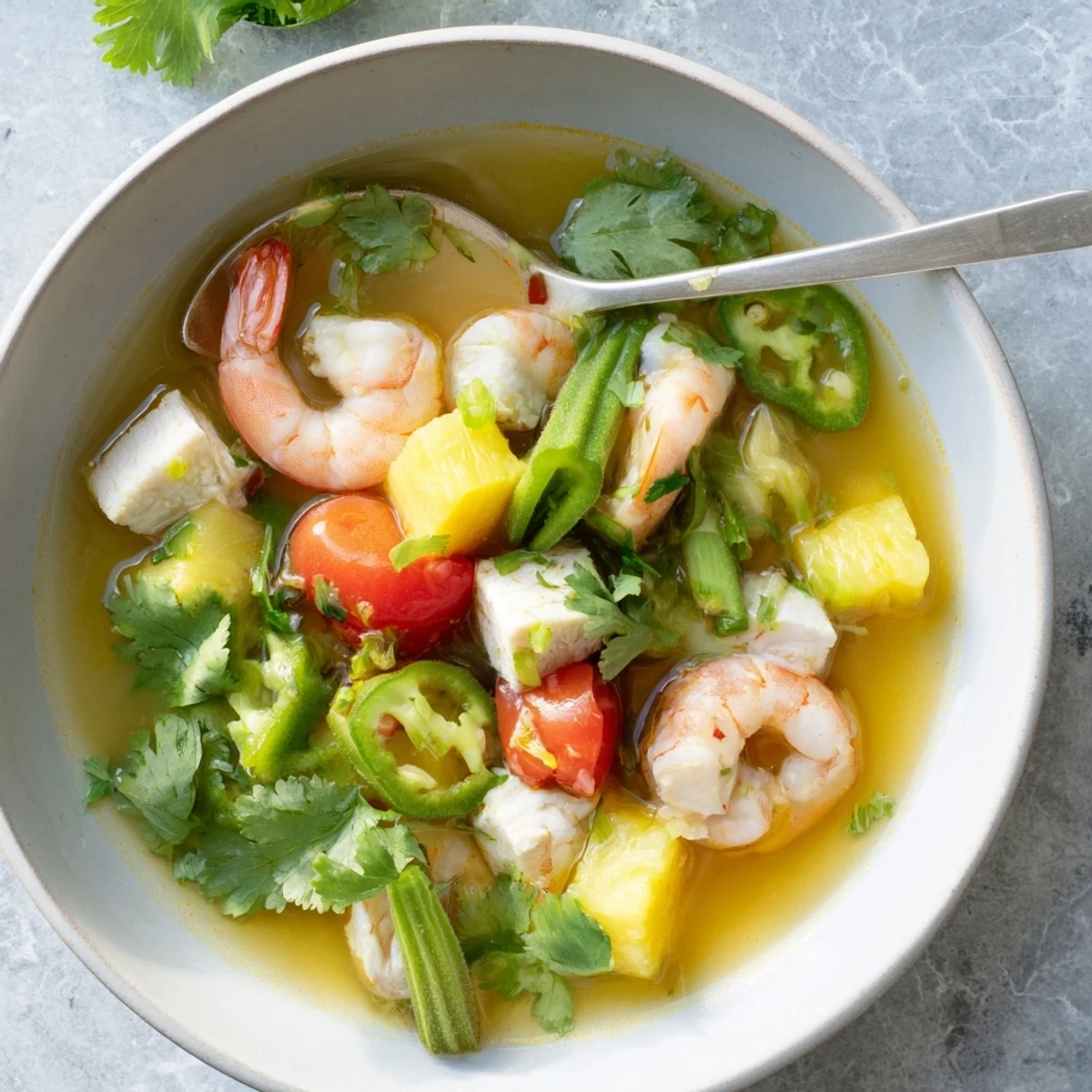 Canh Chua features fresh herbs and bean sprouts in a colorful soup bowl.  