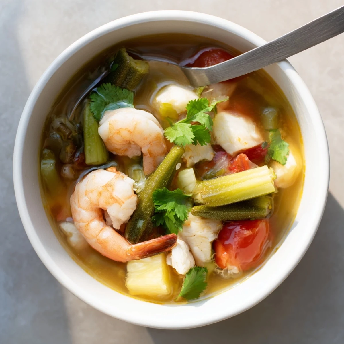 A close-up of Canh Chua highlights shrimp and tomatoes beside fragrant lemongrass pieces.