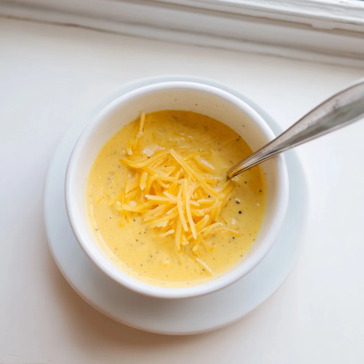 A steaming bowl of Snappy Cheddar Sauce garnished with fresh chives, ready to drizzle over baked potatoes.