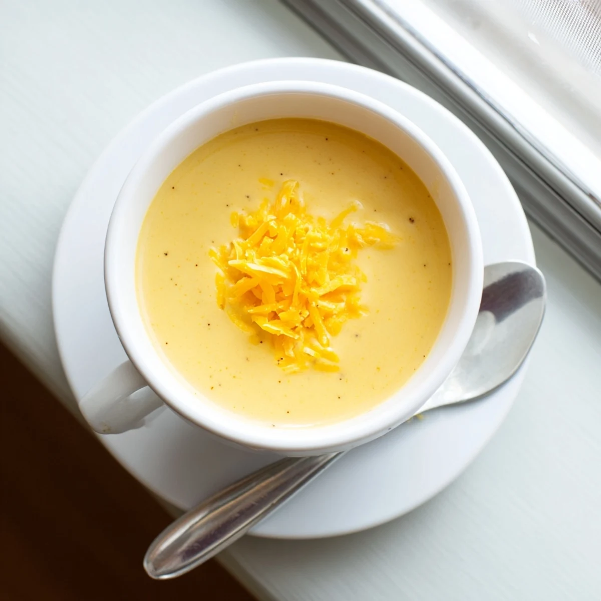 Snappy Cheddar Sauce being poured from a small saucepan over a platter of crispy tortilla chips.