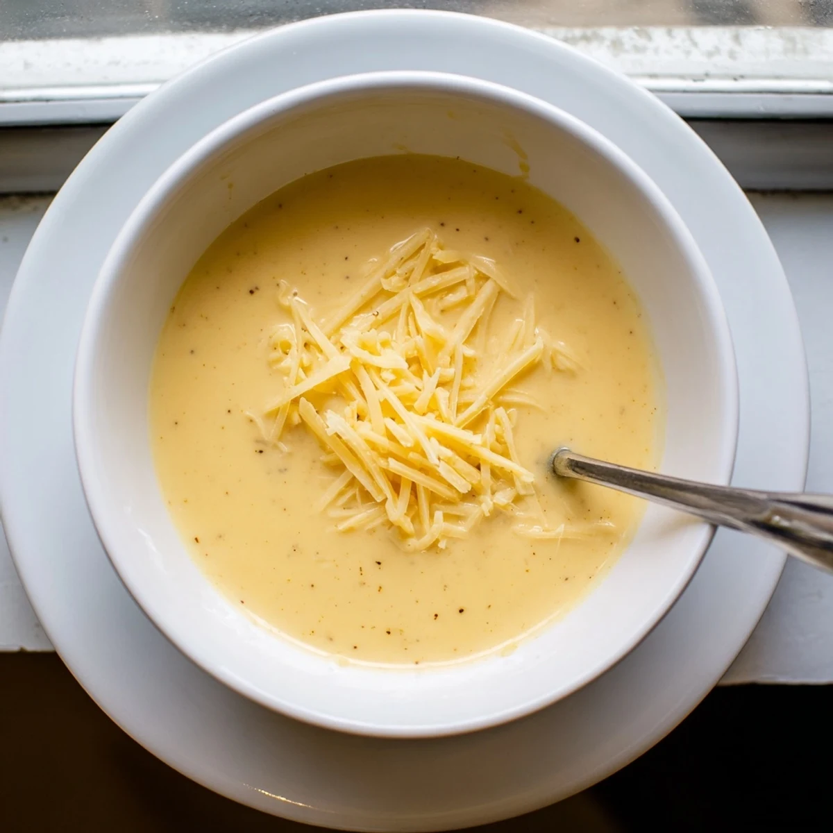 A close-up of creamy Snappy Cheddar Sauce coating steamed broccoli florets on a white serving plate.