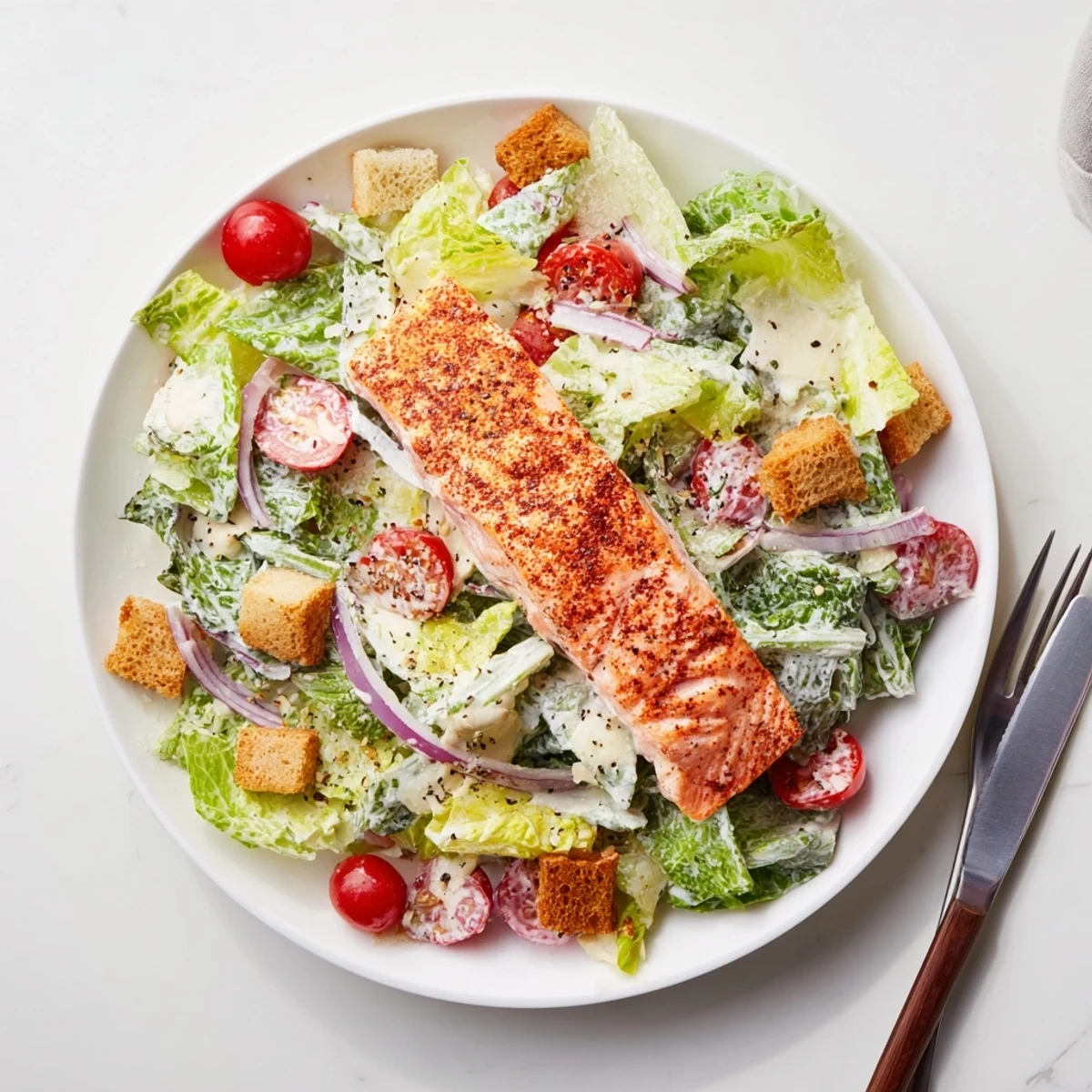 Succulent grilled salmon Caesar salad featuring crisp romaine, red onion, and tangy dressing