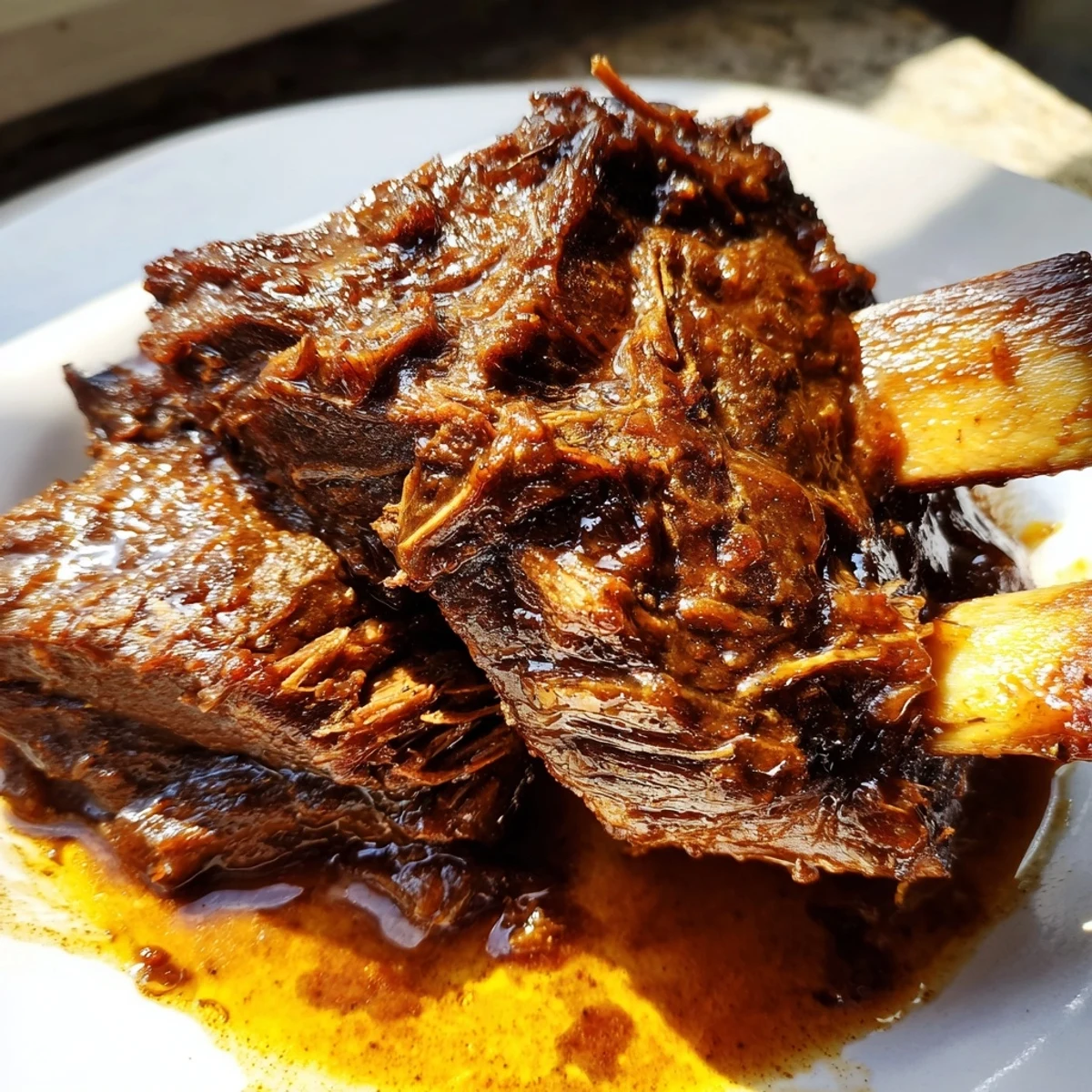 Fork-tender beef short ribs coated in sticky maple bourbon glaze served over mashed potatoes