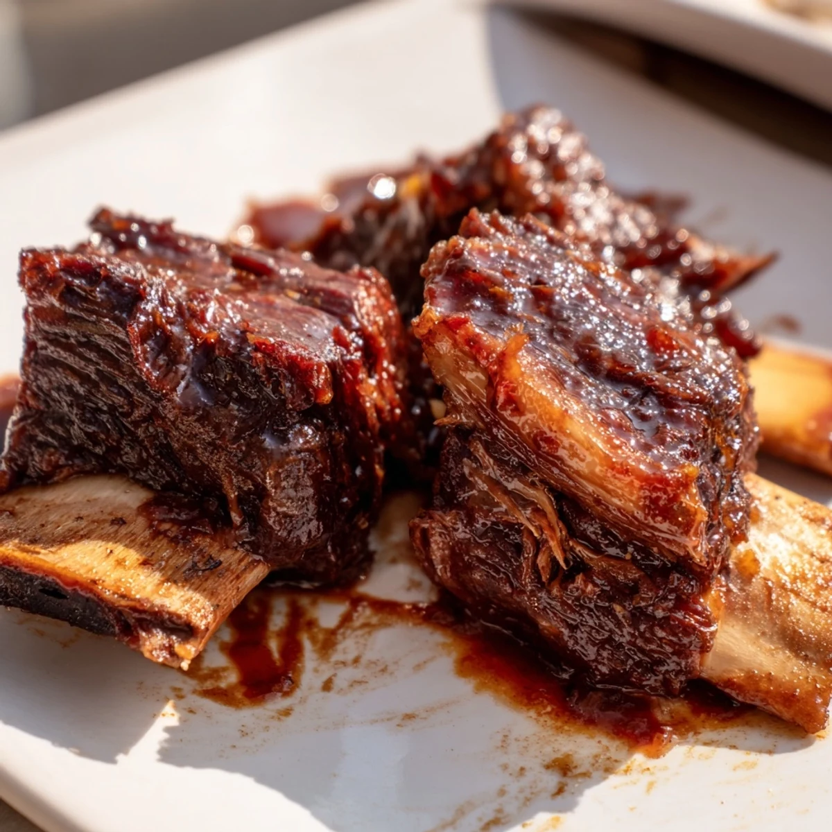 Tender maple bourbon glazed short ribs braised with vegetables in a rich caramelized sauce