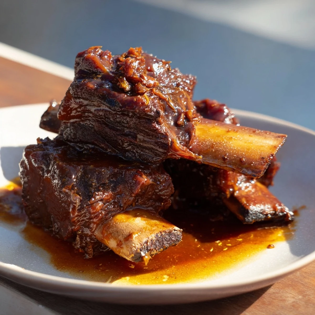 Fall-off-the-bone maple bourbon glazed short ribs drizzled with sweet smoky sauce and fresh herbs
