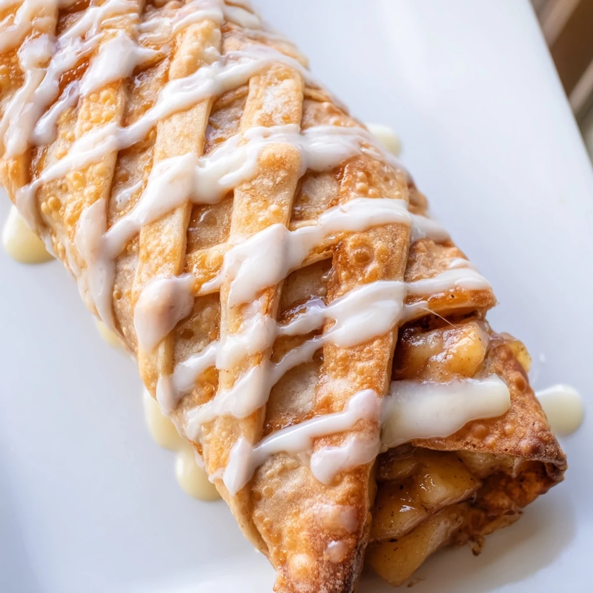 Golden peach cobbler egg rolls drizzled with sweet vanilla glaze on a serving plate