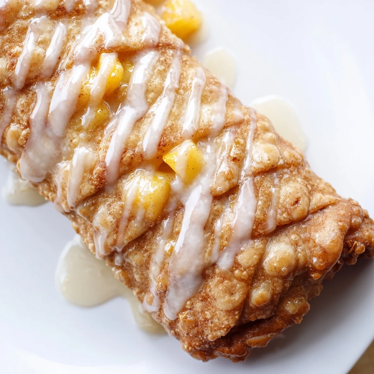 Handheld peach cobbler egg rolls with juicy fruit filling and powdered sugar topping
