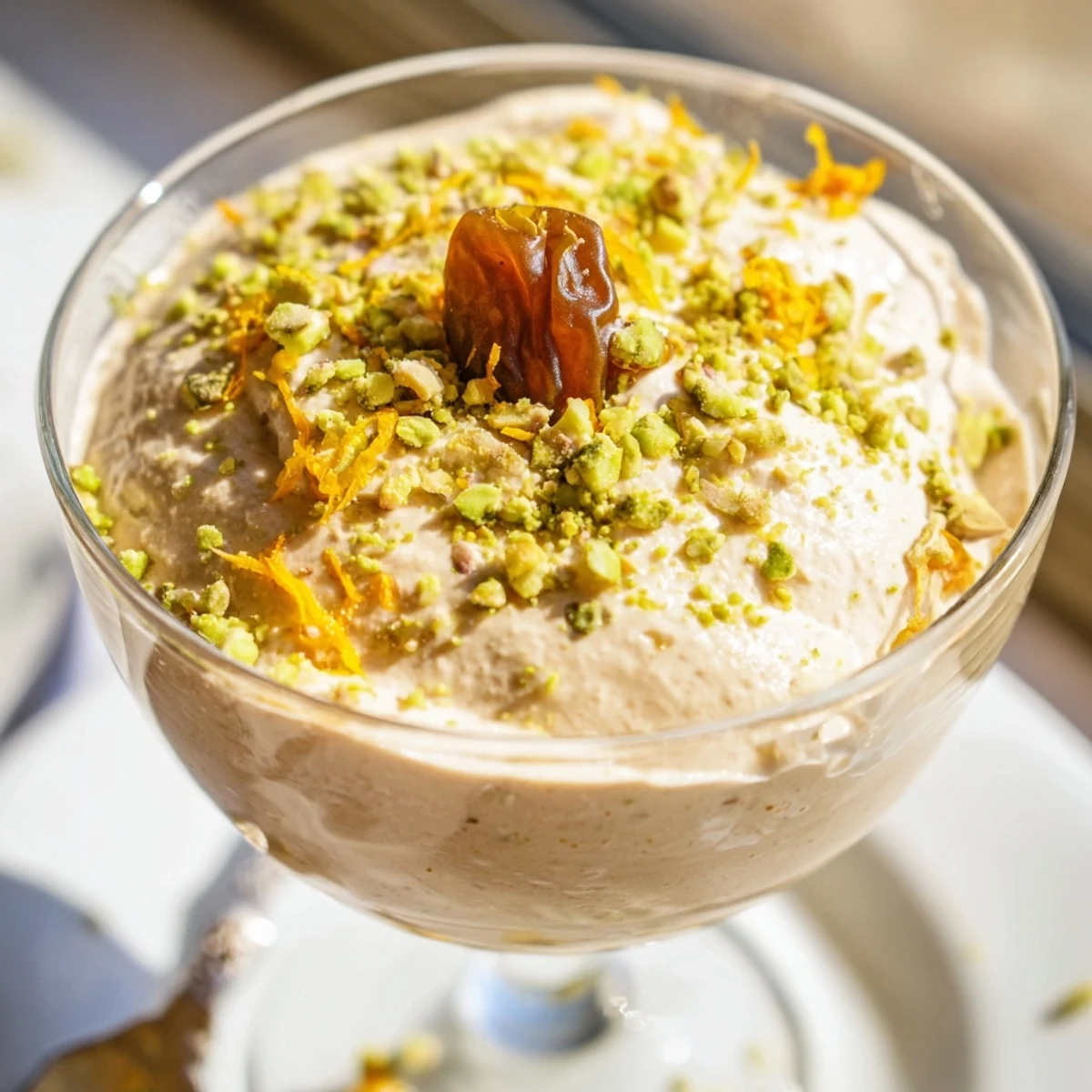 Creamy Lebanese date orange blossom mousse garnished with chopped pistachios and fresh orange zest