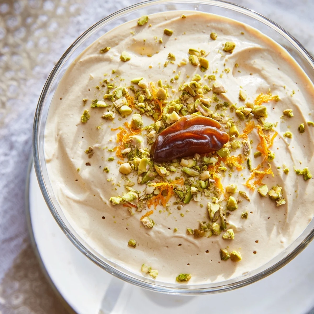 Light and airy Lebanese date orange blossom mousse topped with vibrant citrus zest and green pistachios