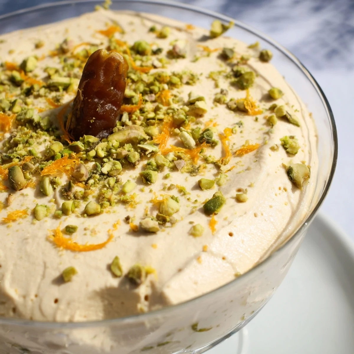 Fluffy mousse featuring sweet Medjool dates and aromatic orange blossom water served in elegant glass bowls