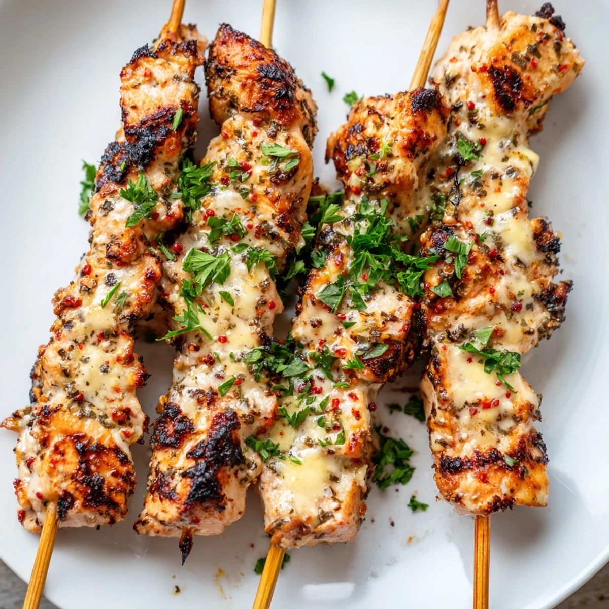 Tender Ranch Garlic Parmesan Chicken Skewers sizzling on a grill with charred grill marks