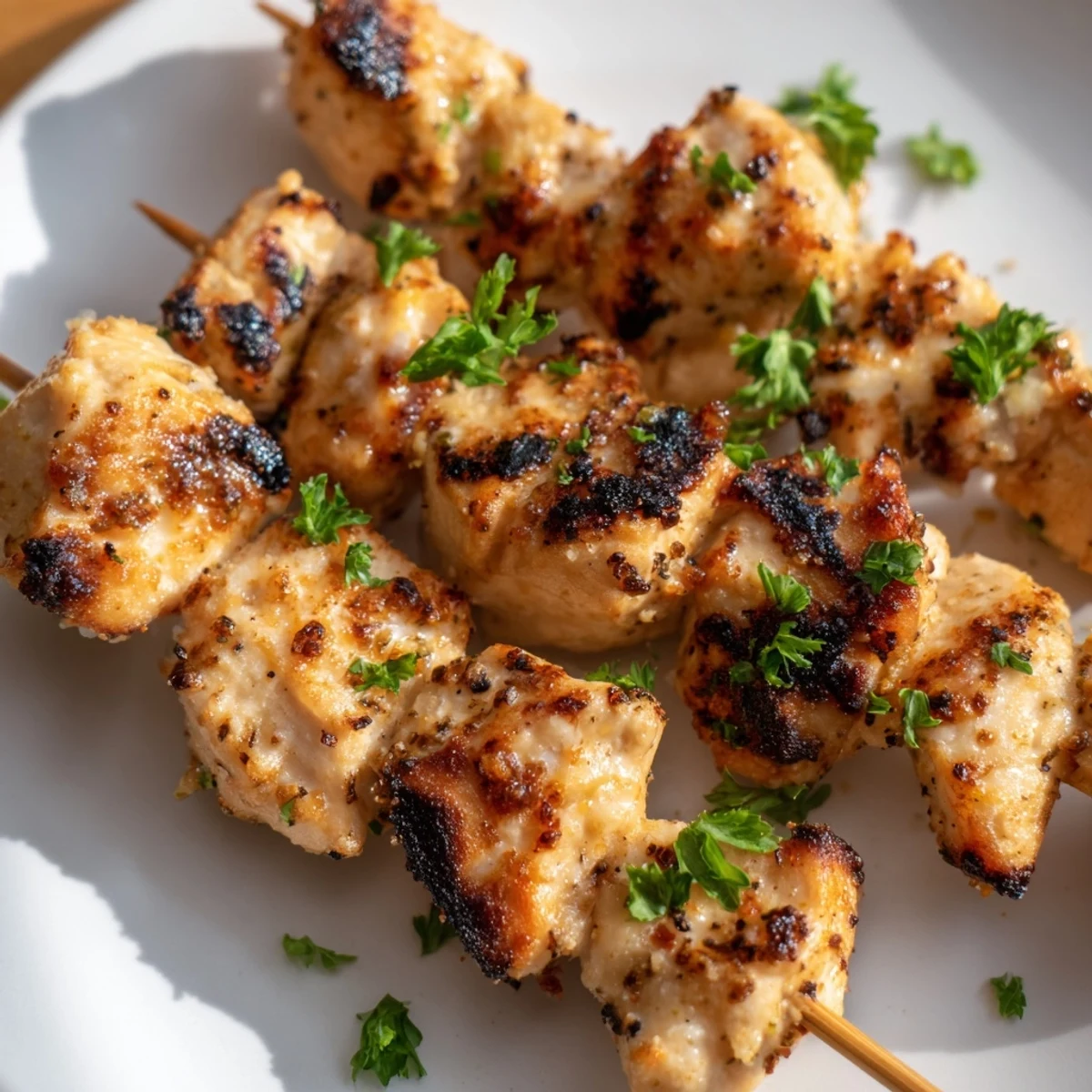Golden grilled chicken skewers coated in melted Parmesan and savory ranch garlic marinade