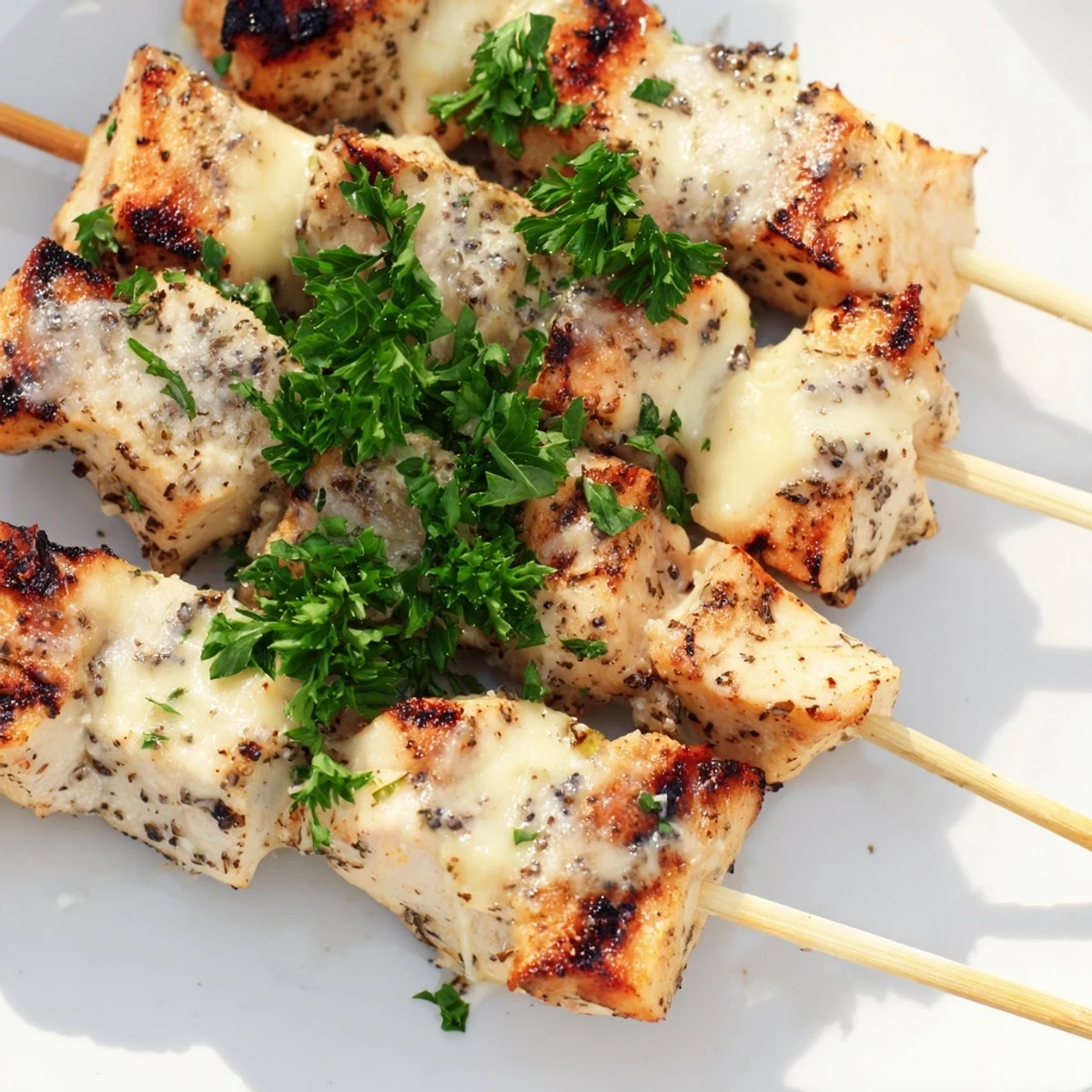 Wooden skewers threaded with juicy chicken pieces finished with crispy Parmesan cheese garnish
