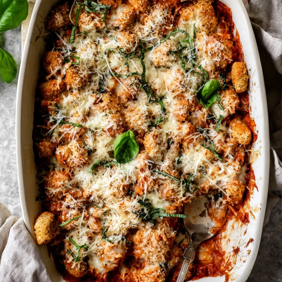 Golden bubbly Keto Chicken Parmesan Casserole with melted mozzarella and fresh basil garnish