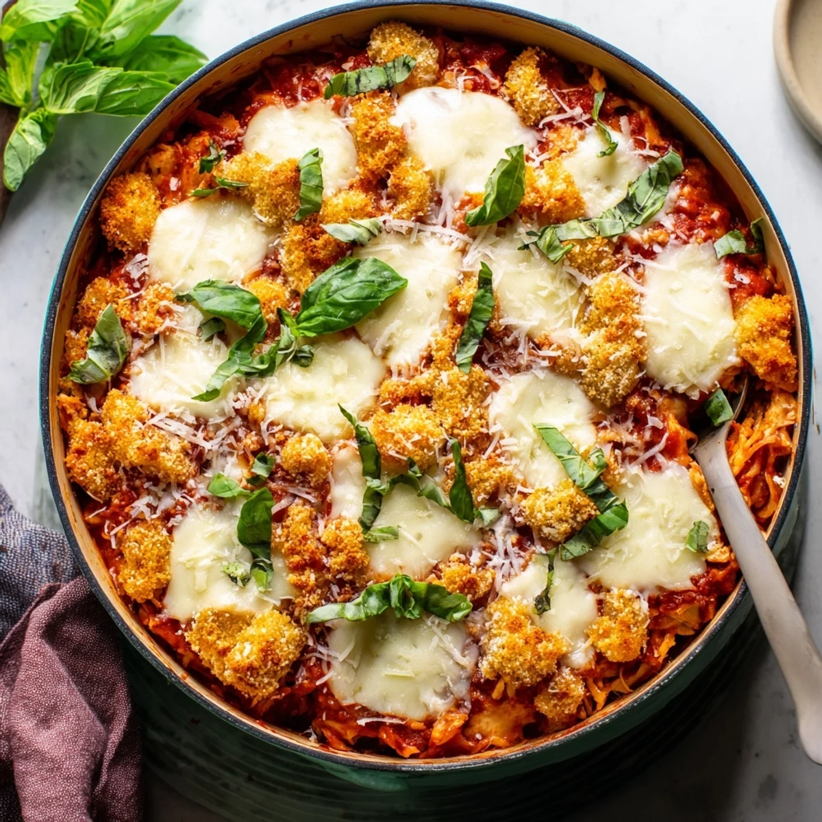 Creamy low-carb Keto Chicken Parmesan Casserole baking in dish with tangy marinara sauce