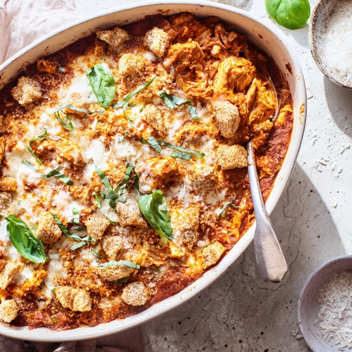 Serving of Keto Chicken Parmesan Casserole showcasing juicy chicken layers and crispy cheese topping