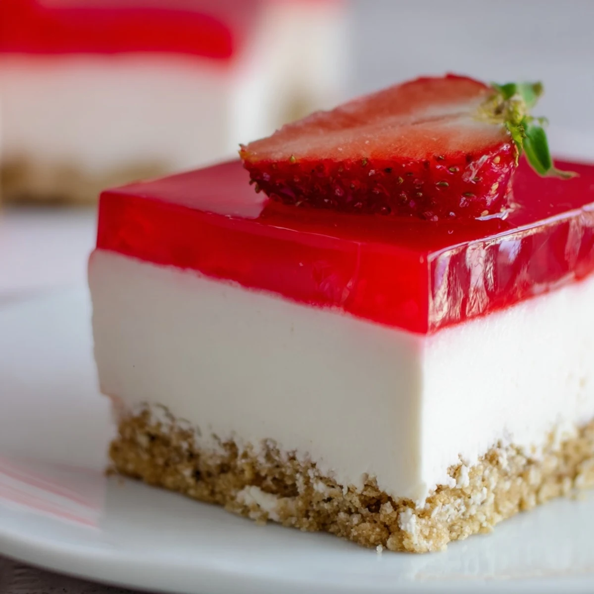 No bake Greek yogurt Jello cheesecake with creamy white filling topped with vibrant red gelatin and fresh strawberries
