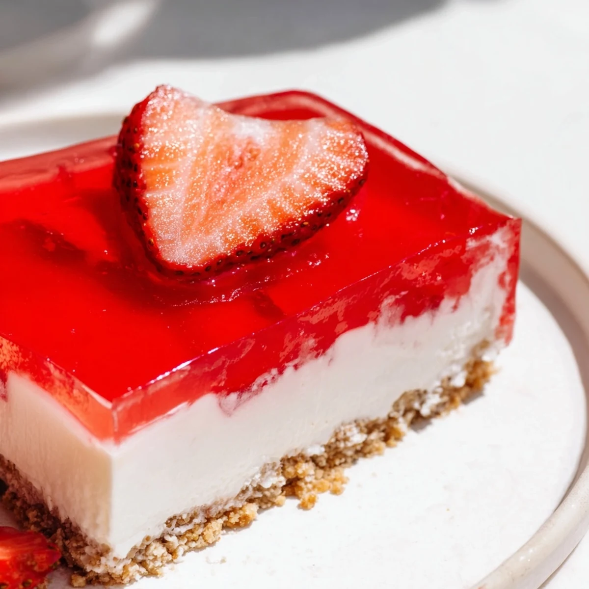 Creamy no bake Greek yogurt Jello cheesecake slice showcasing layered graham cracker crust and fruity gelatin topping