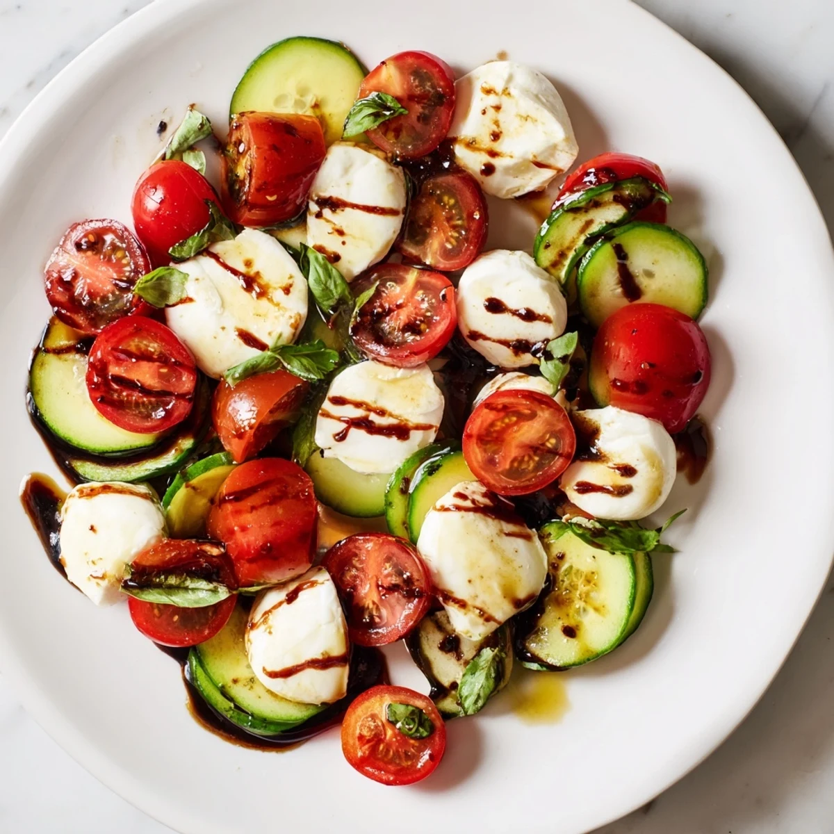 Fresh juicy cucumber Caprese salad with ripe tomatoes and creamy mozzarella drizzled with balsamic glaze