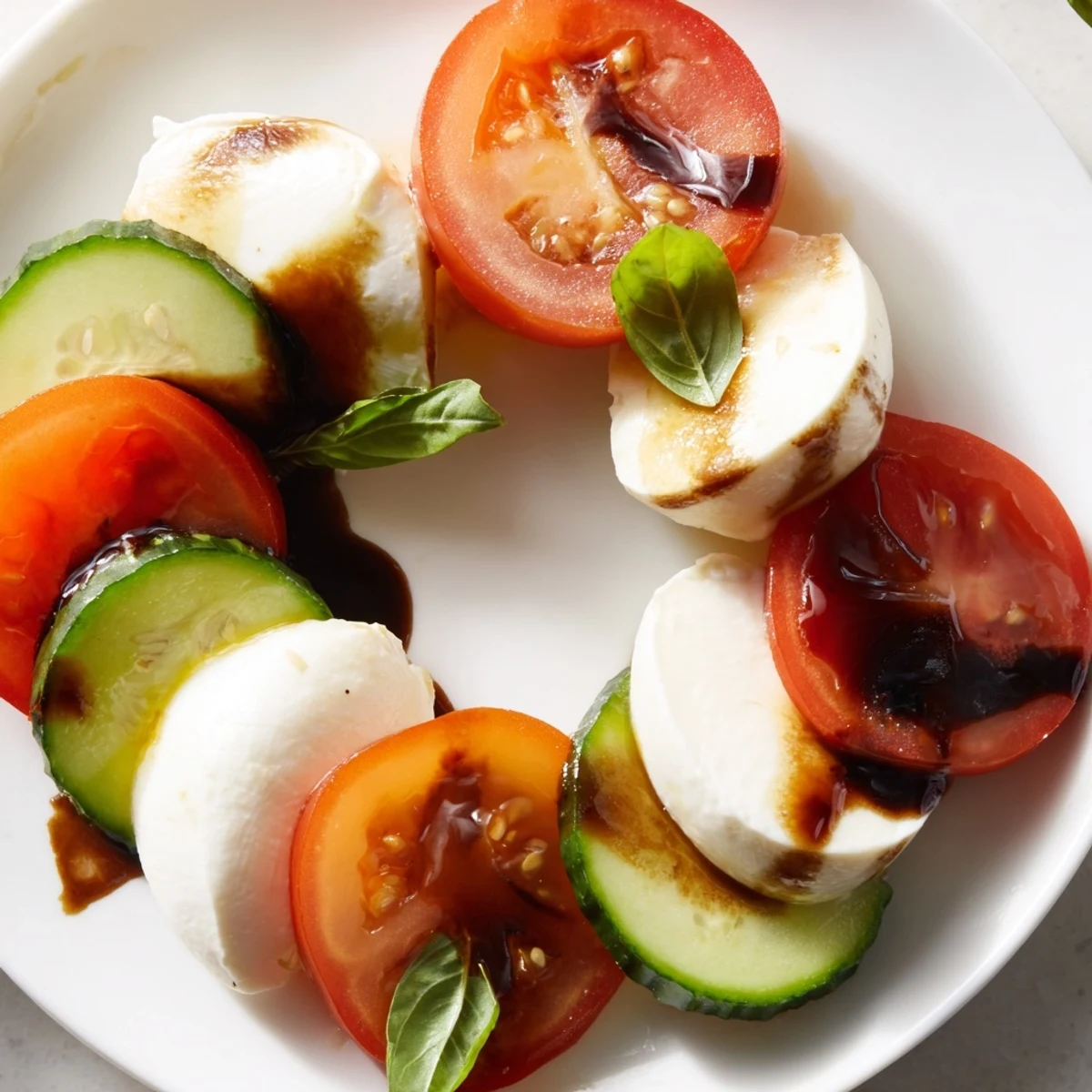 Colorful bowl of cucumber Caprese salad tossed with fresh basil and tangy balsamic dressing for summer