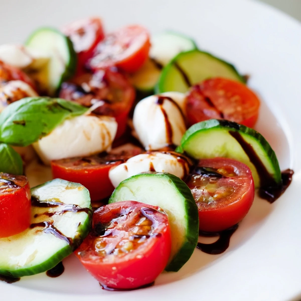 Glass serving dish of layered cucumber Caprese salad featuring mozzarella pearls cherry tomatoes and fragrant basil