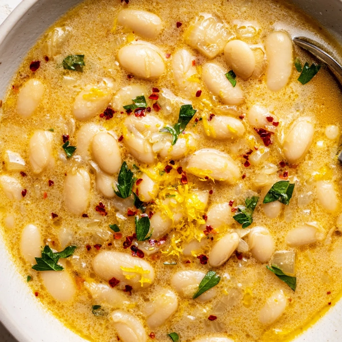 Steaming bowl of vegetarian miso butter brothy beans with lemon zest and parsley
