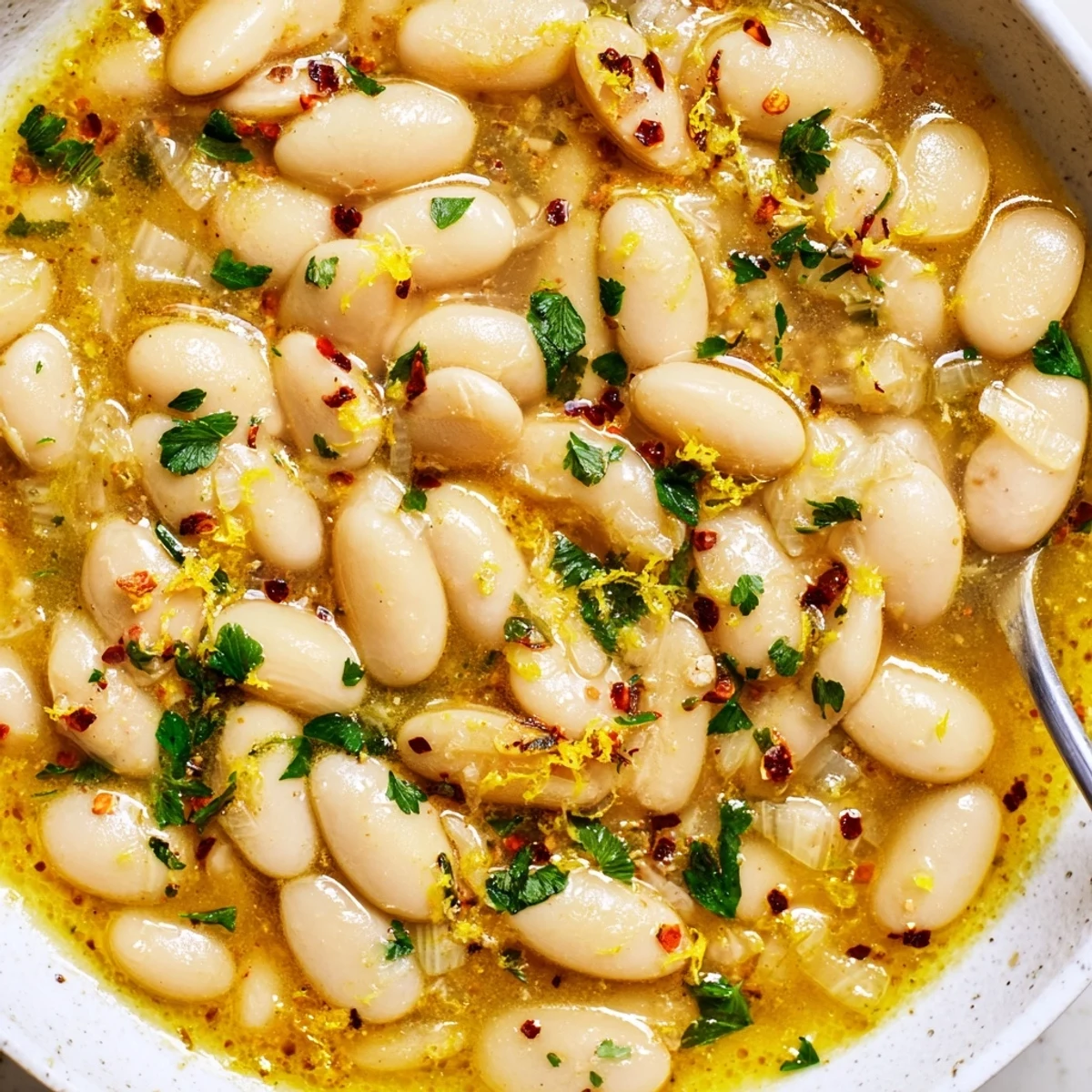 Creamy white beans in savory miso butter broth garnished with fresh green herbs