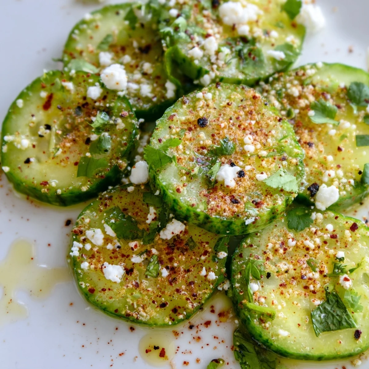 Crisp cucumber rounds coated in tangy lime seasoning and red chili flakes served on white plate