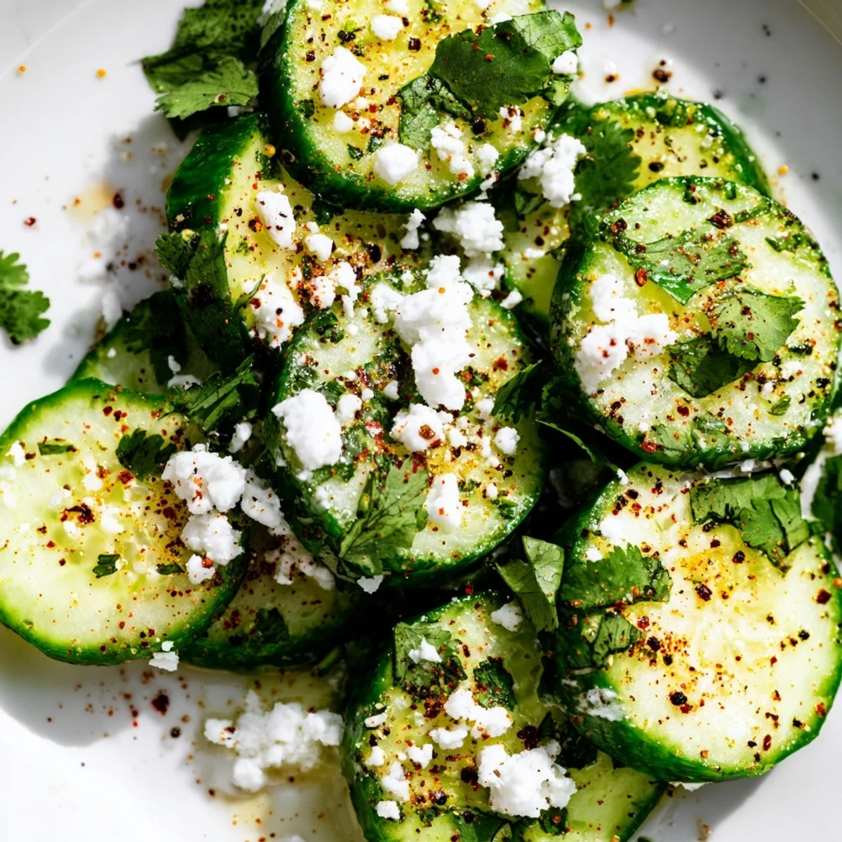 Colorful bowl of Mexican style cucumbers sprinkled with Tajín lime zest and fresh chopped cilantro leaves