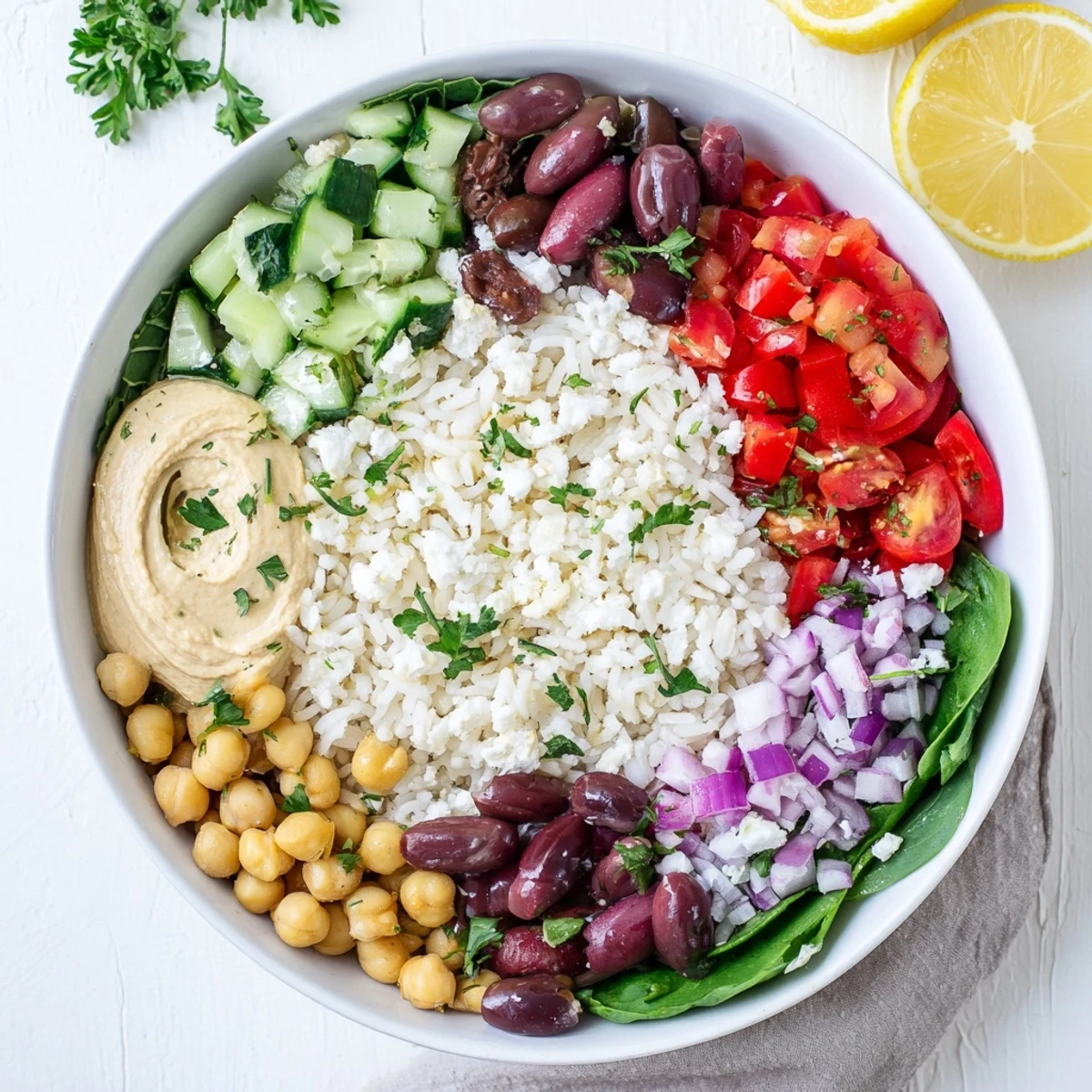 Fluffy rice bowl arranged with colorful diced vegetables, chickpeas, olives and crumbled feta cheese