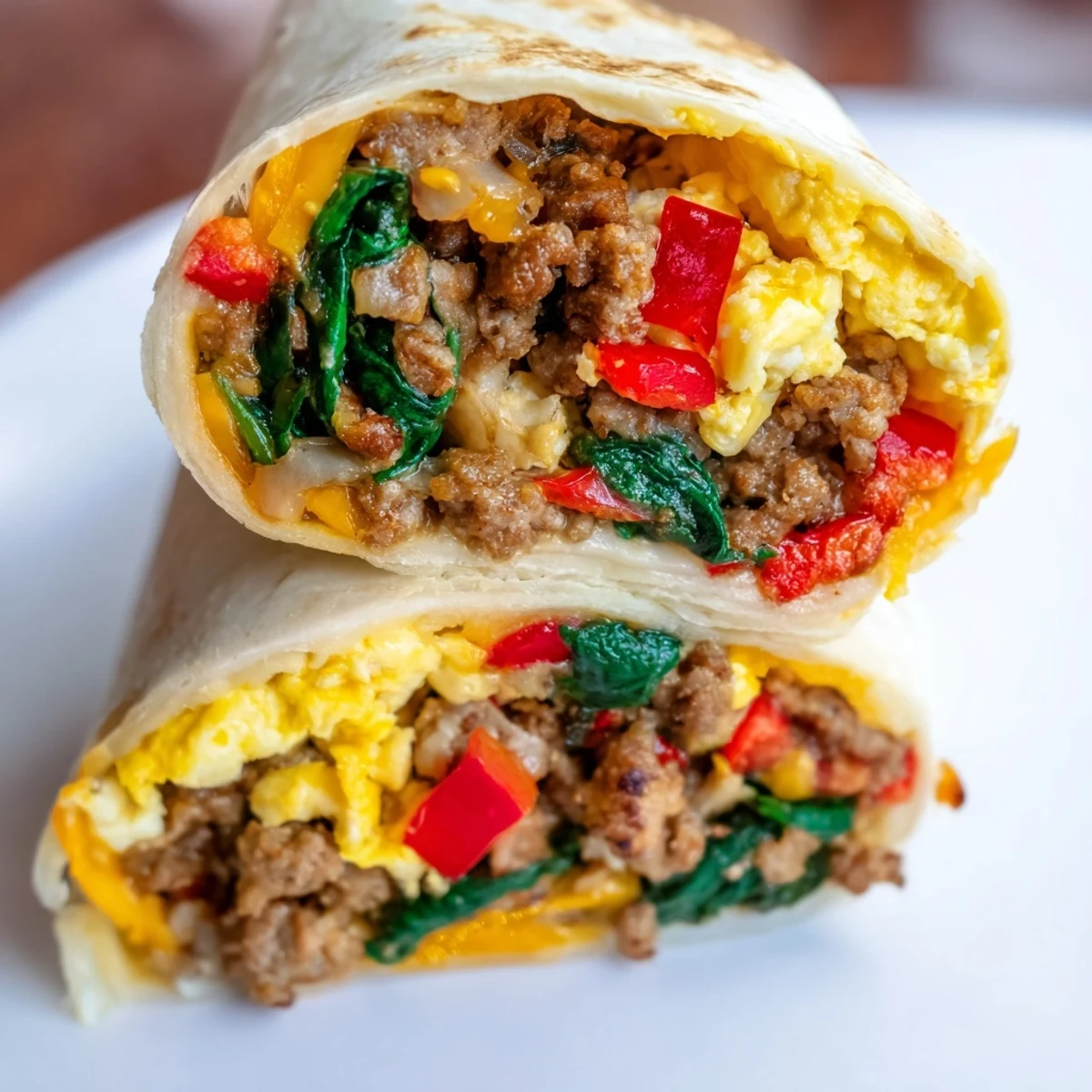 Golden make-ahead breakfast burritos with eggs, sausage, peppers, and melted cheddar cheese wrapped in warm flour tortillas