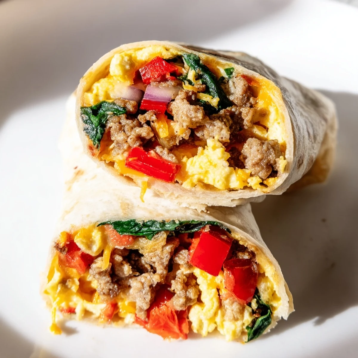 Hearty breakfast burritos filled with fluffy scrambled eggs, savory sausage, vegetables, and shredded cheese ready for freezing
