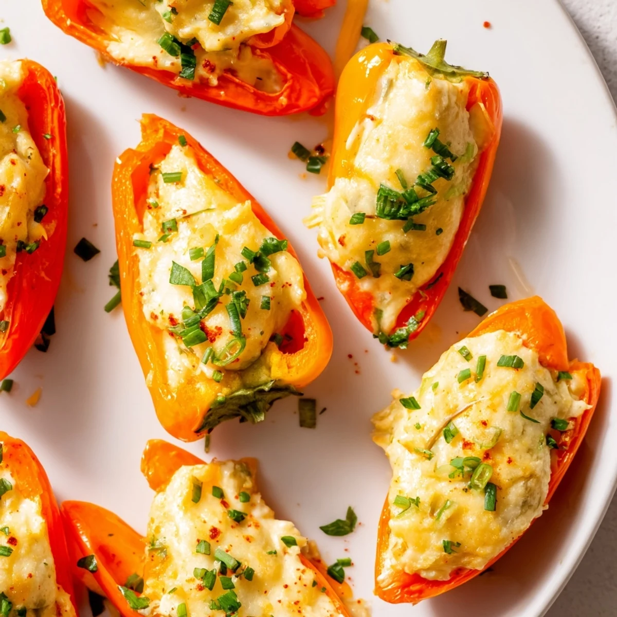 Golden air fryer cream cheese stuffed mini peppers arranged on a white serving platter