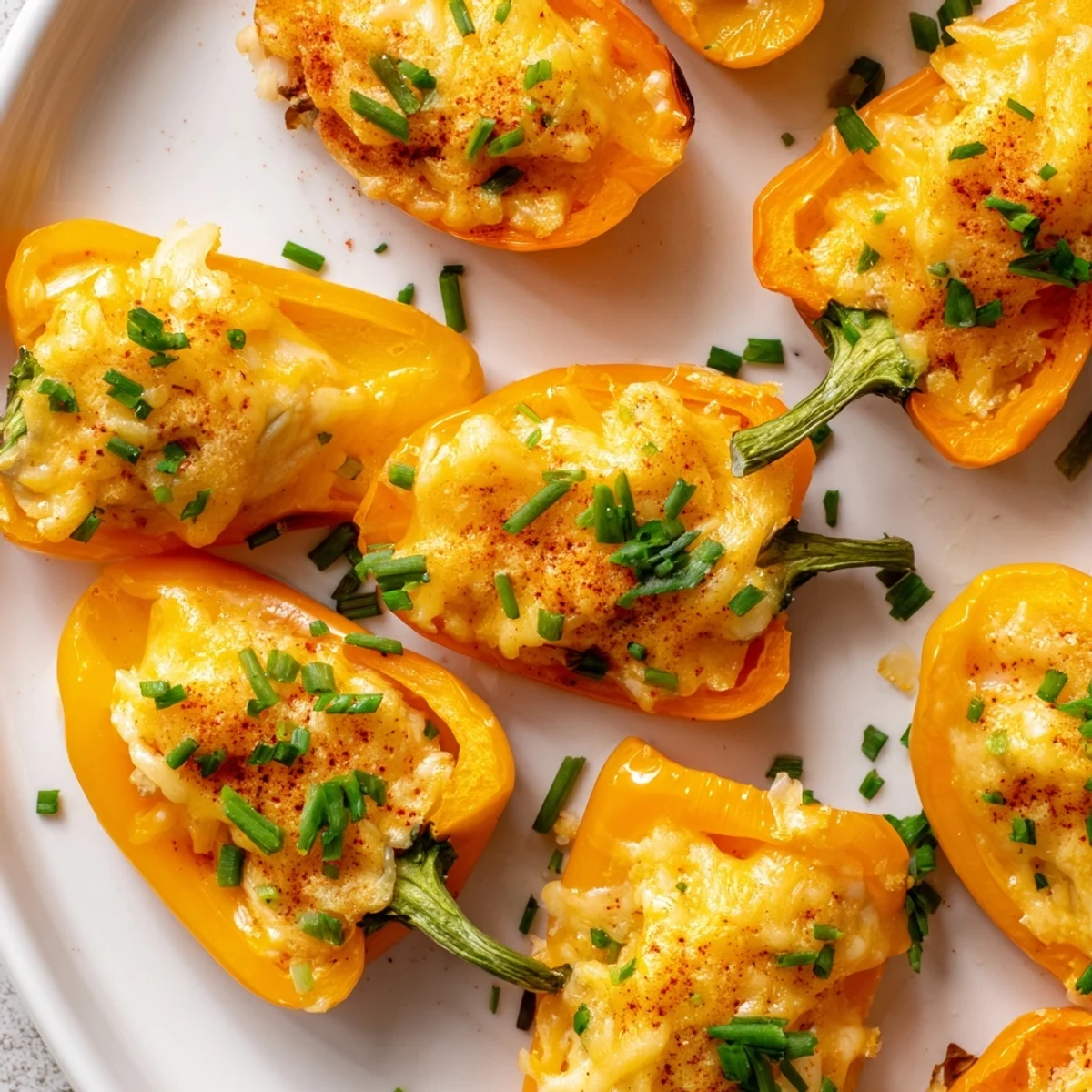 Vibrant red and yellow mini peppers filled with savory cream cheese blend after air frying
