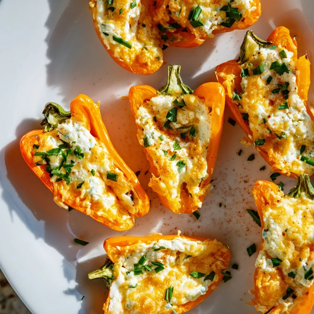 Creamy three-cheese stuffed sweet peppers topped with fresh chives and parsley, served warm