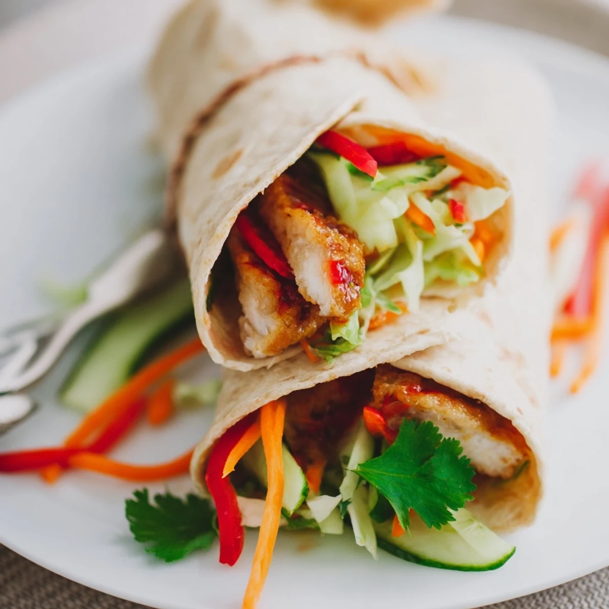 Golden sweet chili chicken wraps stuffed with crisp vegetables and drizzled with tangy sauce