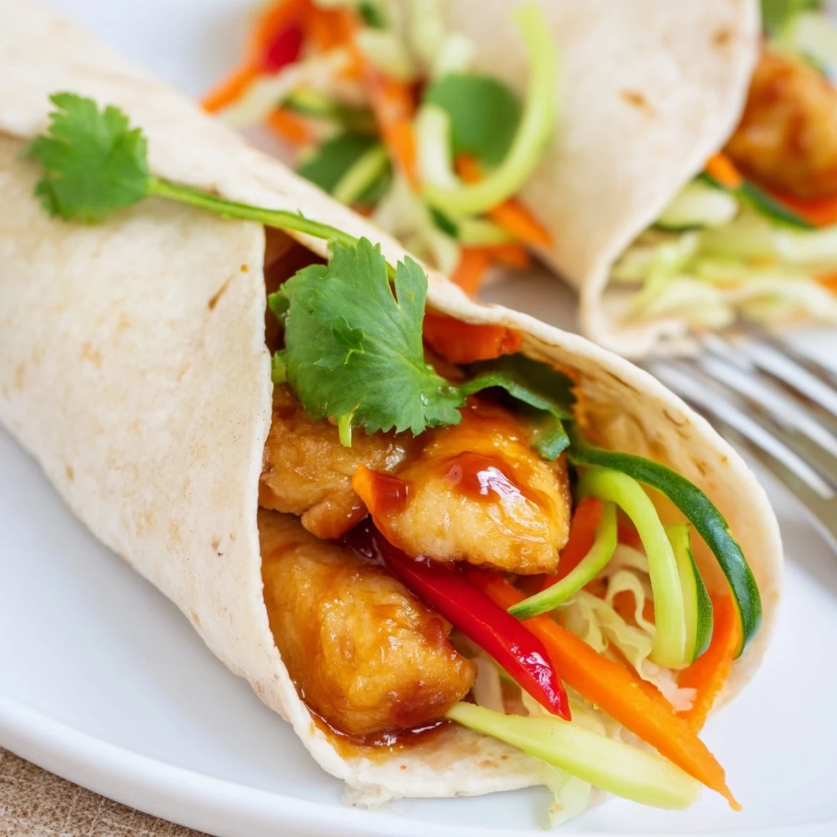Asian-inspired sweet chili chicken wraps garnished with cilantro and fresh lime wedges