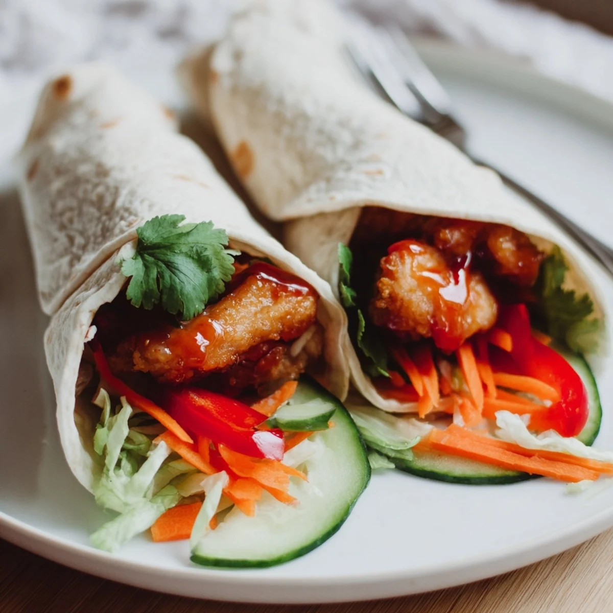 Soft flour tortilla rolled around tender chicken strips and colorful julienned fresh vegetables