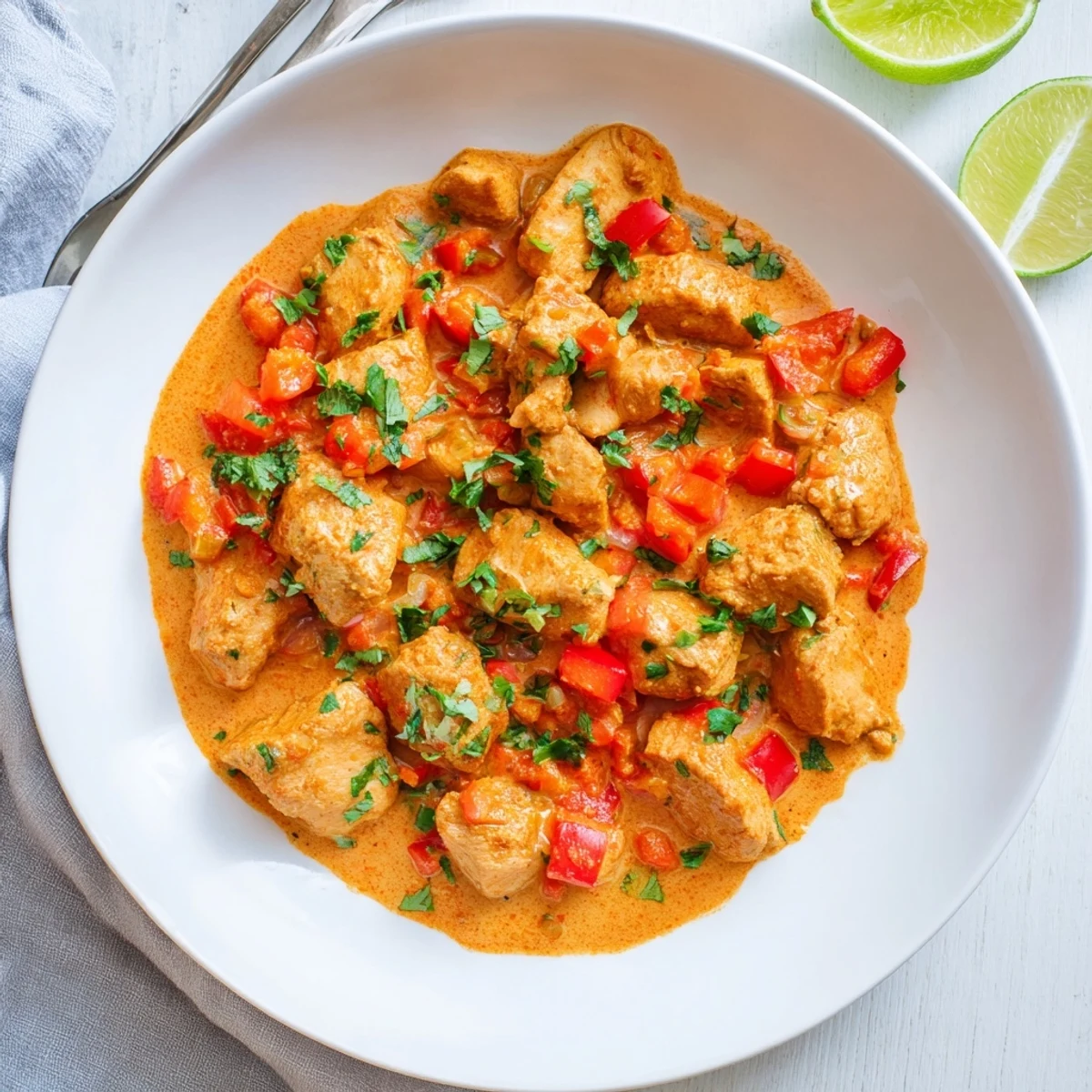 Steaming bowl of spicy Brazilian coconut chicken served over white rice with lime wedges and cilantro garnish