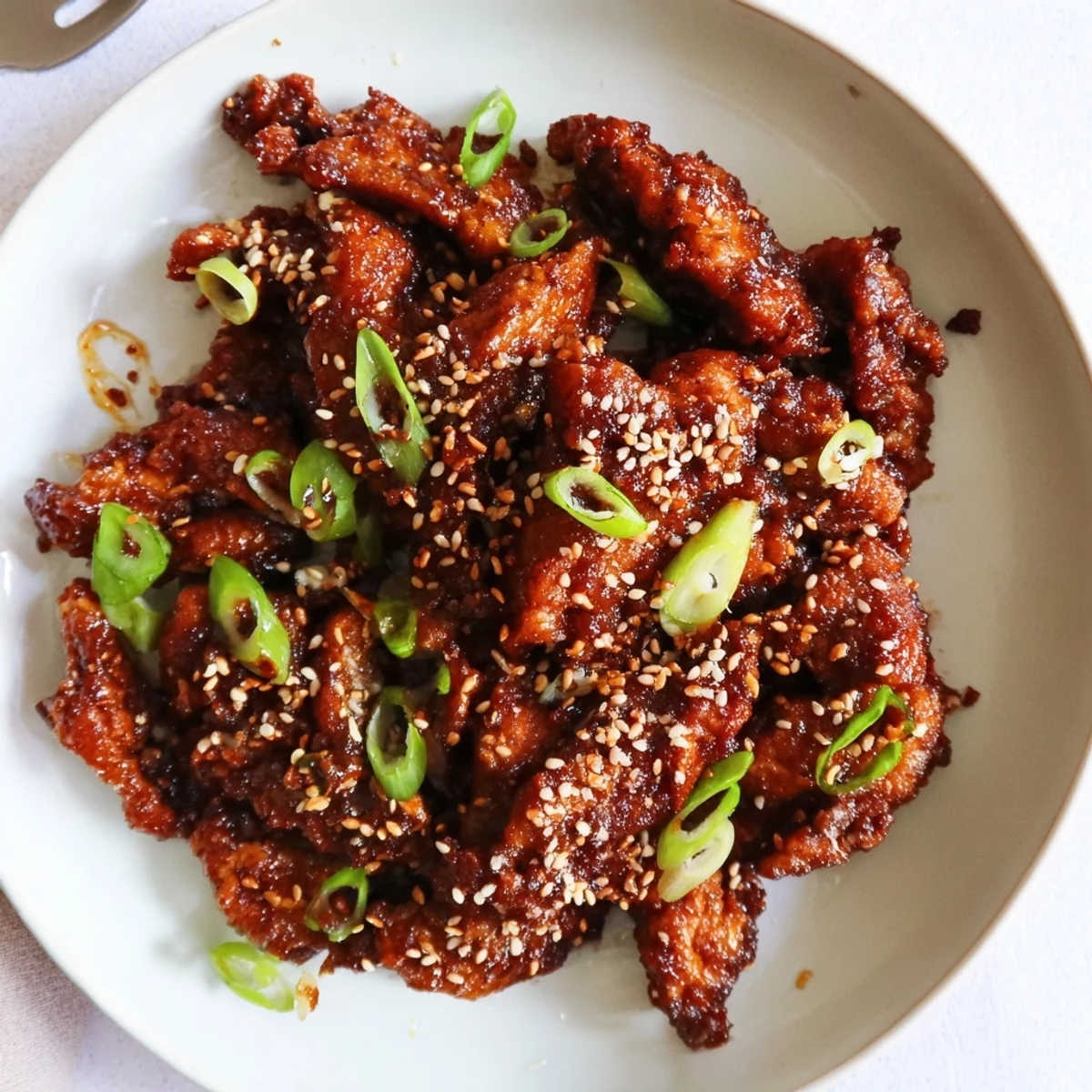 Mongolian chicken served over steamed white rice and garnished with fresh green onions