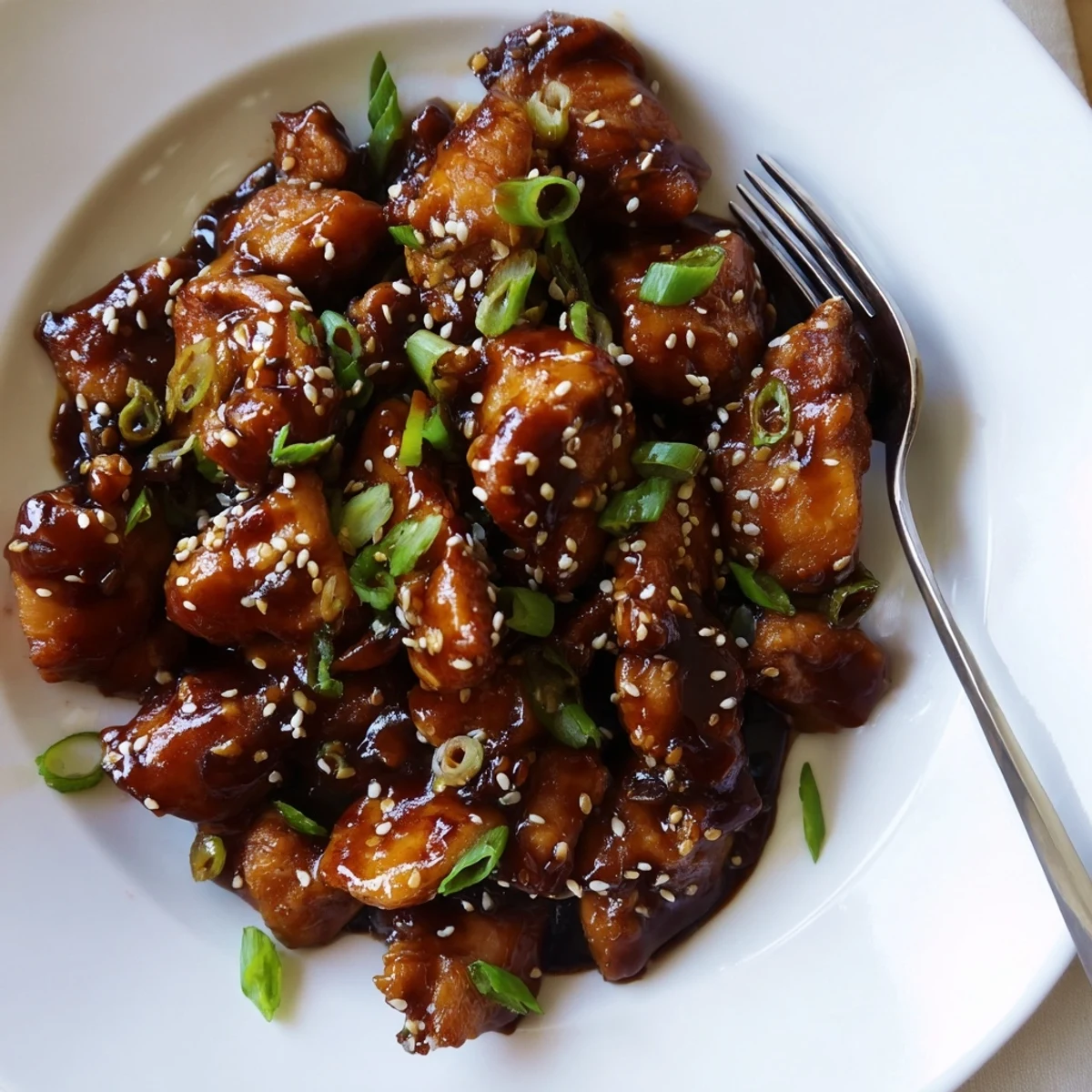 Delicious Mongolian chicken tossed in thick brown sugar garlic sauce topped with sesame seeds