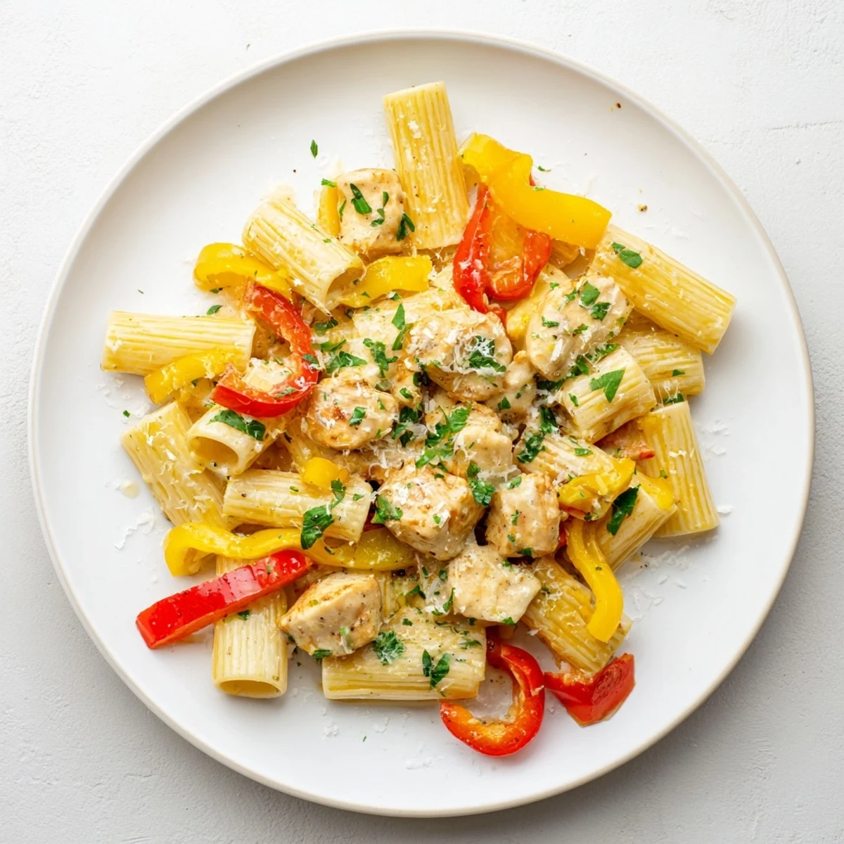 Creamy cowboy butter chicken pasta tossed with colorful bell peppers in a golden herb sauce