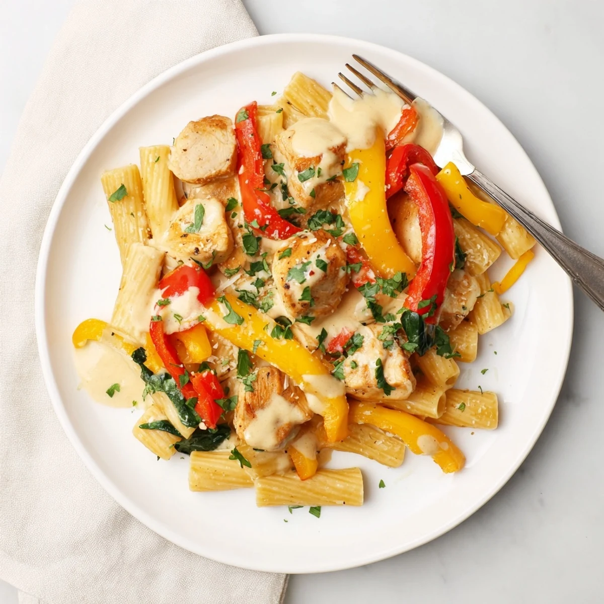 Savory cowboy butter chicken pasta dish topped with melted Parmesan and fresh green herbs