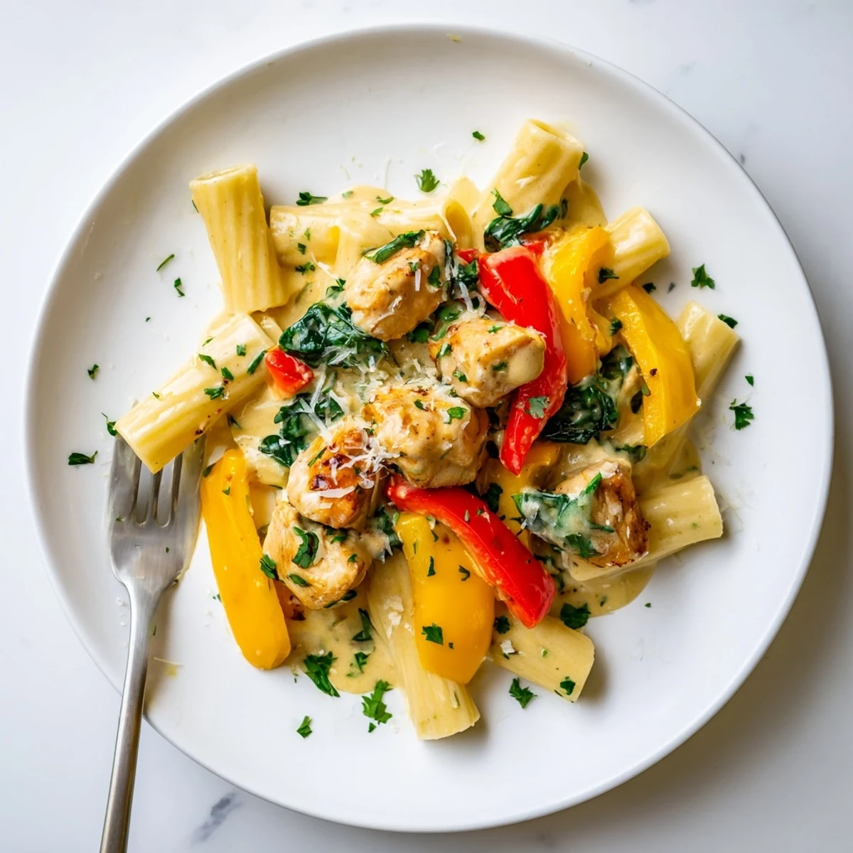 Steaming bowl of cowboy butter chicken pasta featuring tender chicken bites and wilted spinach