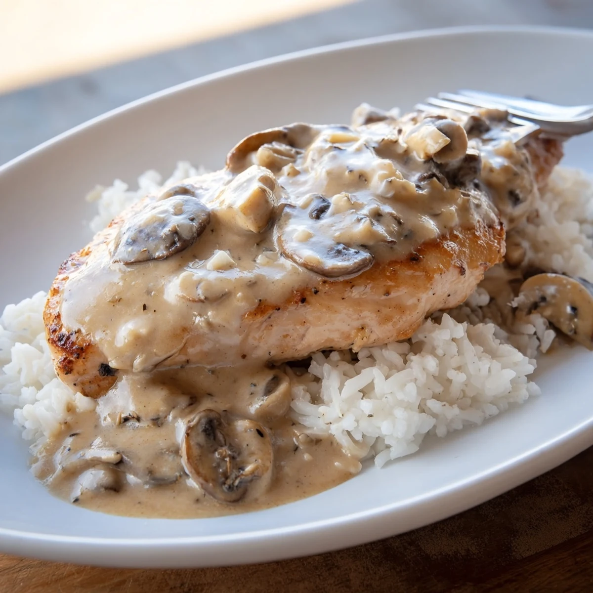 Golden brown chicken breasts nestled in rich Parmesan cream sauce over fluffy white rice