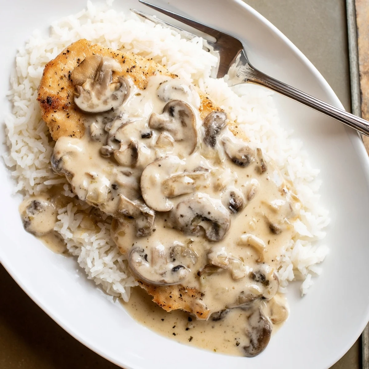 Tender smothered chicken drizzled with velvety mushroom gravy served beside steaming long grain rice
