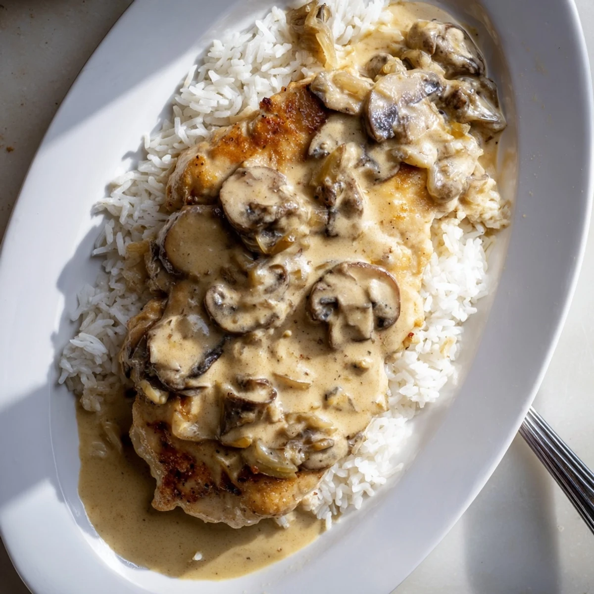 Comforting bowl of creamy smothered chicken and rice with savory herb sauce coating each bite
