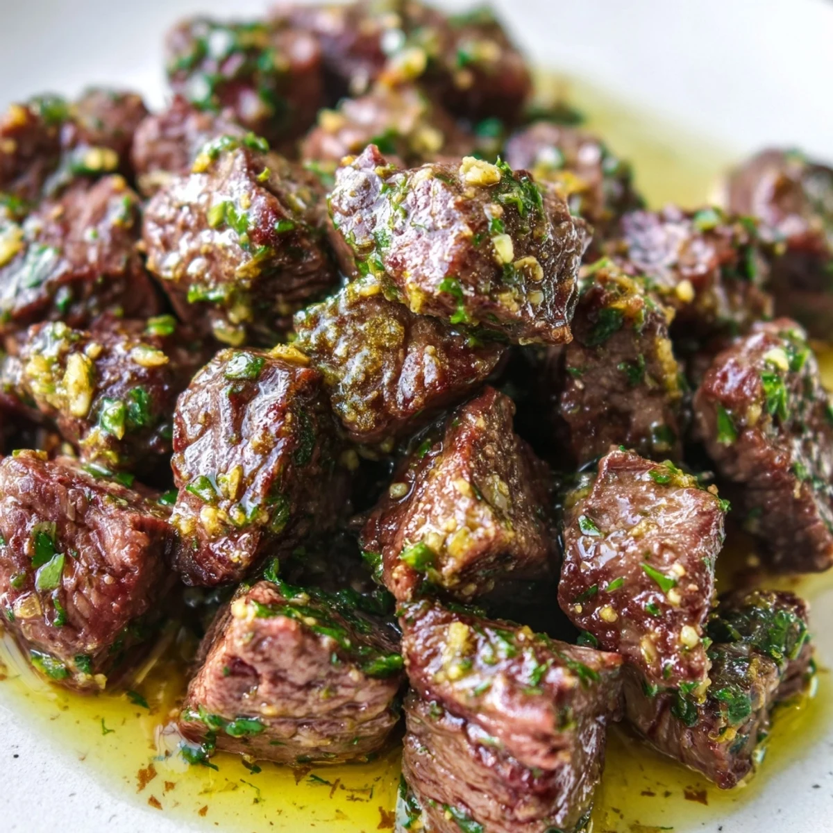 Golden cowboy butter steak bites coated in zesty garlic herb sauce with fresh parsley garnish