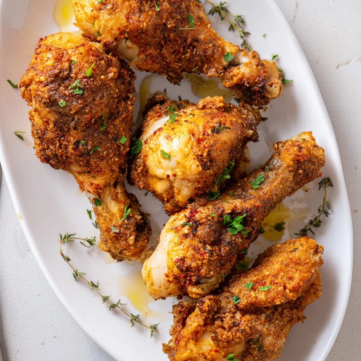 Golden crispy oven baked chicken legs with savory paprika garlic seasoning on a wire rack